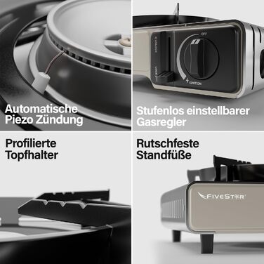 Газовий наметний газовий нагрівач Gaskocher з 1 пальником, Piezo-запалюванням та грилем BBQ 38 см, 2.2 кВт