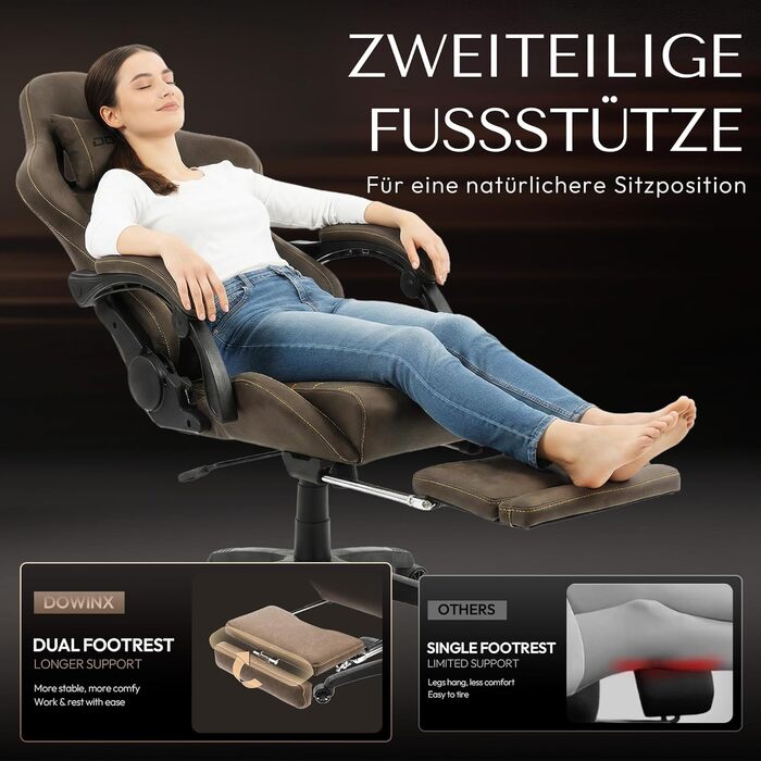 Ігровий крісло Dowinx з регульованою підніжкою, масажером попереку та офісним комфортом, до 200 кг, нахил спинки 165°, коричневий