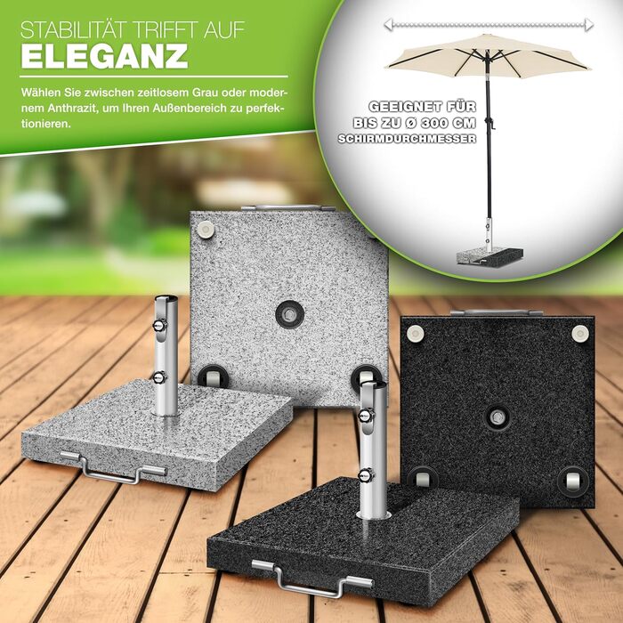 Підставка для парасольки Tillvex® Granit з роликами та ручкою для транспортування, 27 кг, кутова | Підставка для парасольки з нержавіючою сталею | Підставка для парасольки на балкон, сумісна з держателями 16-48 мм та парасольками діаметром 250 см, кутова,