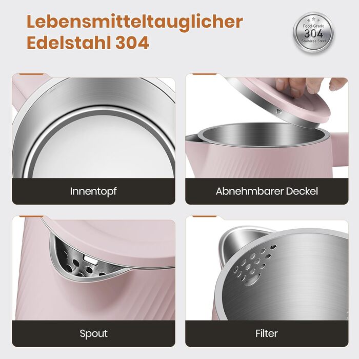 Електричний чайник OLEGA 1.8L, 1800W, нержавіюча сталь, рожевий, з автовимкненням