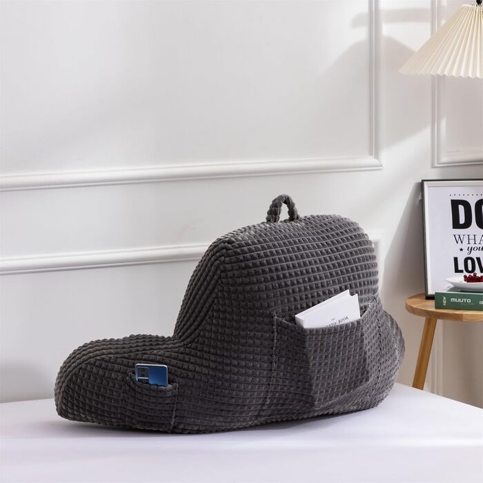 Крісло-мішок для читання Holawakaka для дорослих з підлокітниками та спинкою, велике сіре, для відпочинку та роботи за ноутбуком