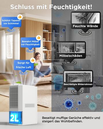 EasyAcc Електричний осушувач повітря 2000 мл, 1.3 л/день, для приміщень до 30 м², захист від цвілі та вологи, 270° циркуляція повітря, ефективне осушення при температурі нижче 15°C, для підвалу, ванної кімнати, шафи, кремово-білий