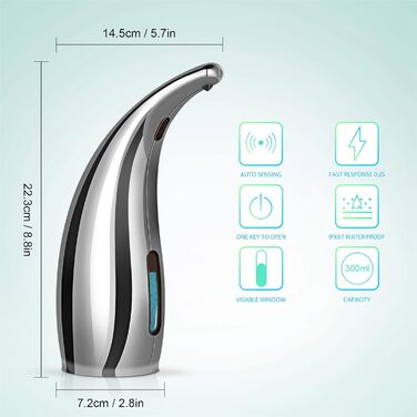 Автоматичний дозатор мила HMJIA 300 мл, водонепроникний IPX6, датчик, для кухні, ванної кімнати, готелю, ресторану (срібло)