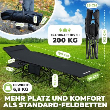 Розкладне кемпінгове ліжко NORDICTRAILS XXL з м'яким матрацом, чорне (190 x 70 см) — зручне ліжко для відпочинку на природі, риболовлі та гостей