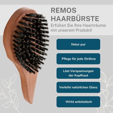 Гребінець для волосся REMOS Natur, 100 щетина кабана, ергономічна ручка, лівша, груша