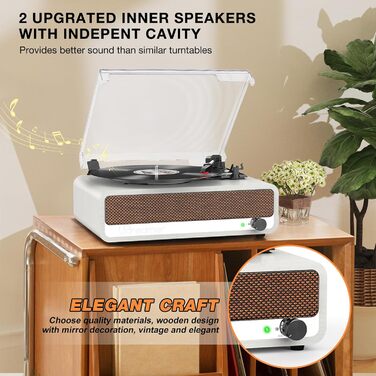 Вініловий програвач Udreamer з Bluetooth, динаміками, USB, AUX, RCA, 3 швидкості, ремінний привід, дзеркальний дизайн, білий