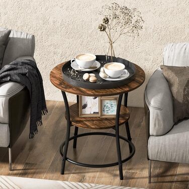 Рівневий круглий журнальний столик, приліжкова тумбочка з металевим каркасом, диванний стіл для спальні, вітальні та кабінету, промисловий дизайн, 55 x 55 x 55 см (вінтаж), 2-