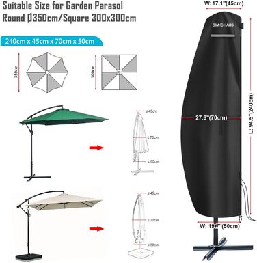 Чохол для парасольки 4м, захисний чохол для парасольки з розкривною тканиною (Ampelschirm) діаметром до 400 см. Захисний чохол для парасольки, чохол для подвійної парасольки, анти-UV, Oxford Fabric, 280x70/70 см (240x45/70/50 см)
