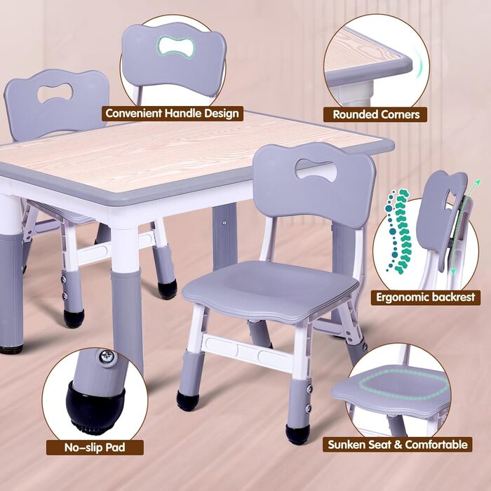 Дитячий стіл JoyHood з 2 стільцями - регульована висота. Набір дитячих меблів для дітей 3-8 років. Сірий колір. Підходить для школи, дитячого садка, дому.