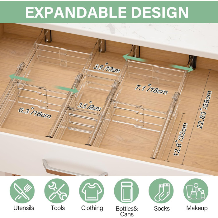 Регульовані роздільники для ящиків FUNIZE, 8 шт., 32-58 см, 16 шт. вставок 9-18 см, органайзери для ящиків на кухню, спальню, офіс, 6 см висота