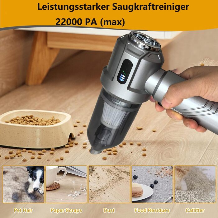 Акумуляторний ручний пилосос 4-в-1 (22000Па), бездротовий електричний пилосос та повітродувка для авто, дому, кухні та шерсті тварин, 3 режими, сріблястий