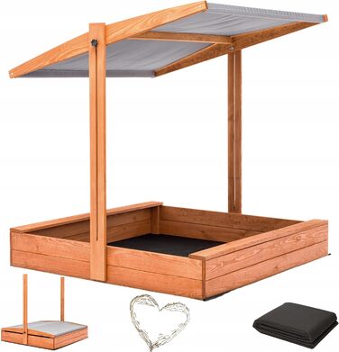 Пісочниця з дахом та сонцезахистом UV 100+, сіра, 100x100 см, з флісовою підкладкою, дерево