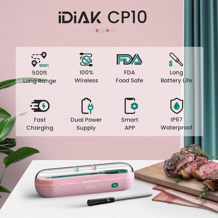Бездротовий термометр для м'яса для гриля та копчення, 500FT, розумний датчик температури для BBQ, духовки, гриля, коптильні, Sous Vide (рожевий)