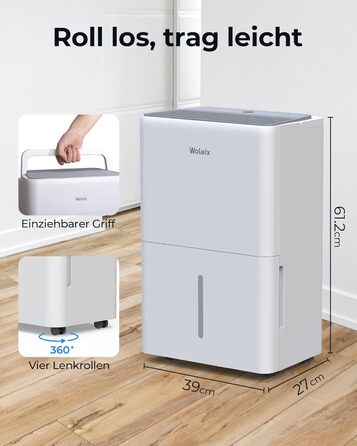 Електричний осушувач повітря 12L з таймером, для підвалів та приміщень до 122м³, з фільтром та 1м шлангом, 10 років гарантії, 50л/день