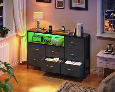 Комод Coleshome з висувними ящиками, світлодіодною підсвіткою, 2 USB та 2 розетки AC, 7 тканинних ящики, для спальні/вітальні, 132*30*89 см, чорний