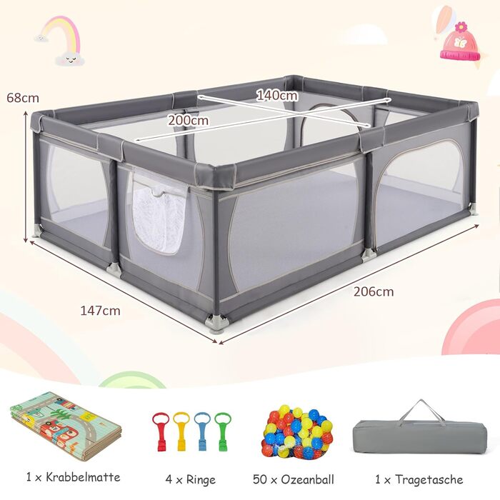 Манеж DREAMADE 200x140 см для дітей з 50 кульками, матрацем і сумкою, темно-сірий, для дому та вулиці
