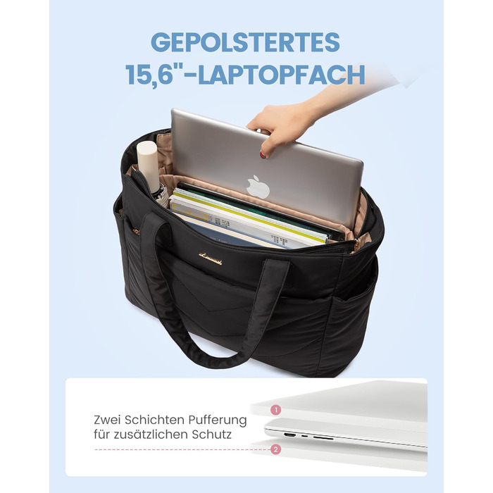 Сумка для ноутбука LOVEVOOK 15.6 дюймів, жіноча: шопер, велика робоча сумка, сумка-шоппер, для навчання, офісу, школи, чорна