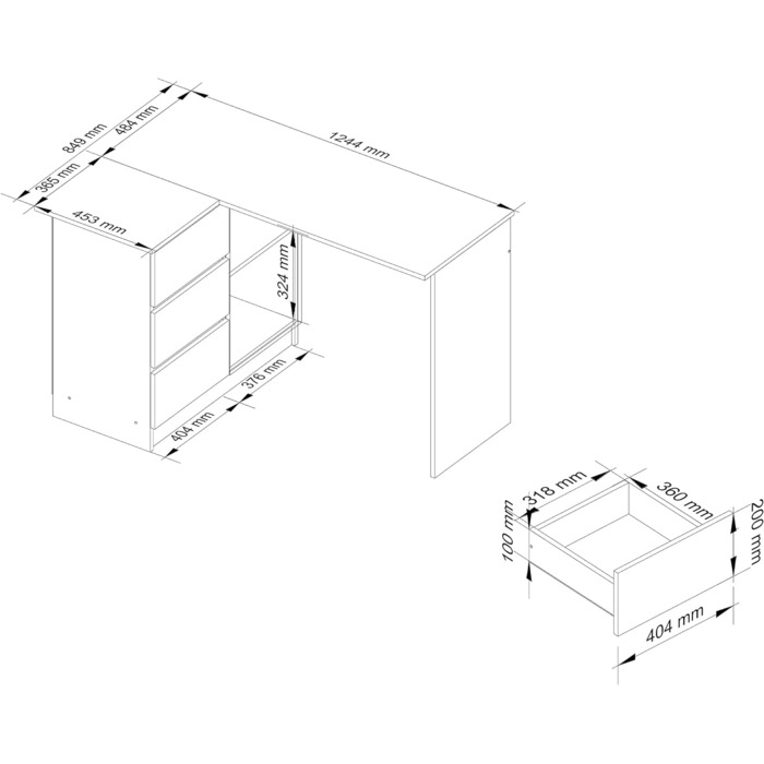 Стіл кутовий AKORD B-16 з 3 висувними ящиками та 2 полицями Письмовий стіл Кутовий стіл Кутовий стіл для домашнього офісу Легке встановлення W124 x H77 x D85, 48 кг Білий/Дуб Сонома Білий / Дуб Сонома