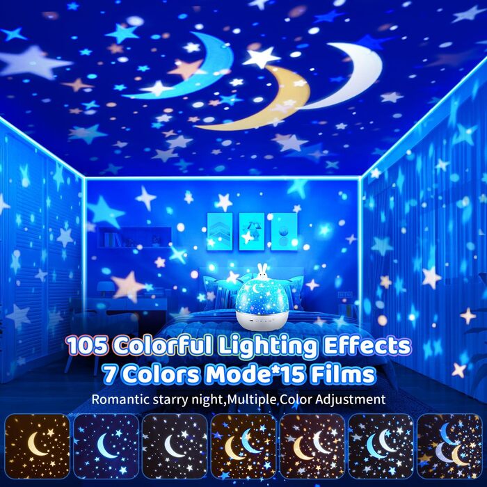 Нічник-проектор зоряного неба для дітей з 15 фільмами, Bluetooth, LED, нічник для дитячої кімнати, кролик