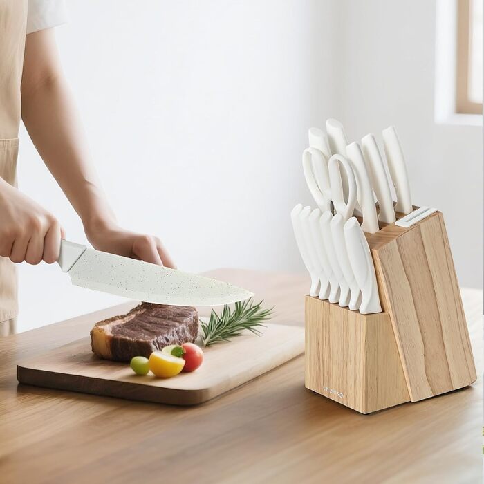 Набір ножів кухонних 15 предметів з точилкою, нержавіюча сталь, для нарізки, шинкування, нарізання кубиками, безпечний, (Білий)