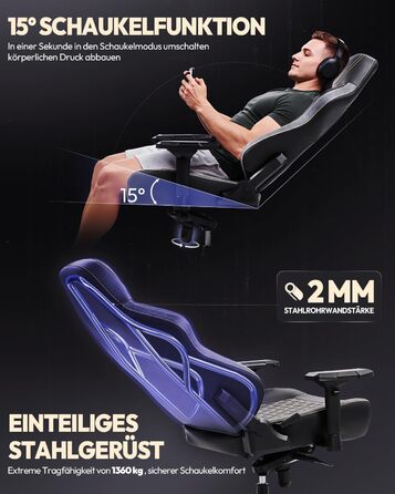 Ігровий крісло Dowinx 200 кг, ергономічний офісний крісло з 4D підлокітниками та підтримкою попереку, регульована висота, чорний