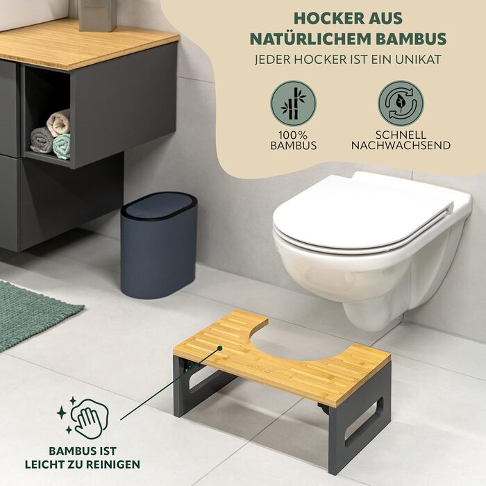 Стілець-підніжка Eluno з бамбука, складаний, антиковзкий, сірий - для дорослих та дітей, при запорах та здуттях