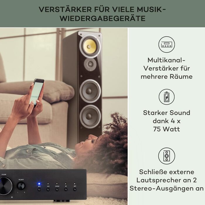 Міні-підсилювач Auna HiFi Stereo, 2 канали, регулювання низьких і високих частот, з пультом дистанційного керування та AUX, графітовий сірий