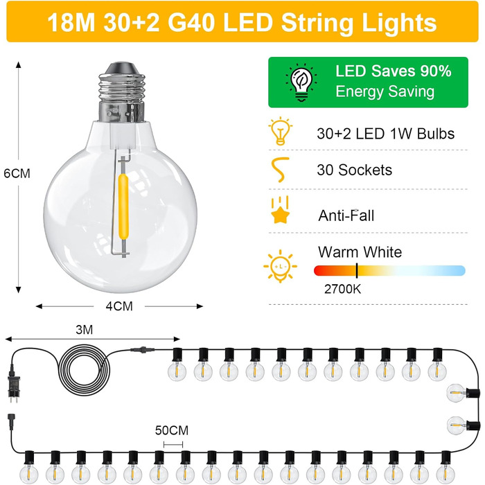Світлодіодні ліхтарі для вулиці, 10 м з регулюванням яскравості, 16 теплих білих лампочок G40, водонепроникні IP44 для саду/балкона