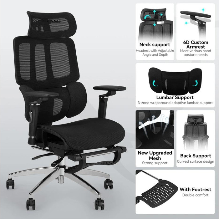 Офісний стіл MUSSO H80 Pro з ергономічним дизайном, сітчасте крісло, підтримка попереку 3-зонна, регульовані підлокітники 4D, спинка з 5 рівнями налаштування, підставка для ніг (чорний)