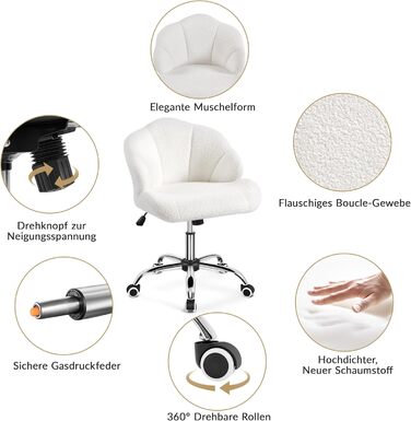 Крісло для дому та офісу Yaheetech, крісло для макіяжу, регульоване по висоті, поворотне, офісне крісло у формі мушлі, крісло з роликами, оксамитове крісло, до 136 кг, білий (сніжно-білий)