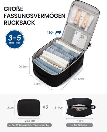 LOVEVOOK Рюкзак ручної поклажі, великий дорожній рюкзак для літака, рюкзак для подорожей чоловічий/жіночий, валіза-рюкзак з відділенням для ноутбука, ручна поклажа, сумка для подорожей, роботи, бізнесу (17.3 дюйми, чорний)