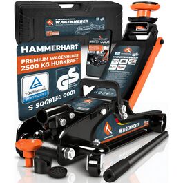 Гідравлічний домкрат HAMMERHART 3T з низьким профілем, 75-505мм, колеса 360°, подвійний поршень, гумові накладки, T-ручка - перевірена якість TÜV