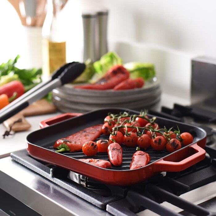 Готуйте квадратну чавунну сковороду - гриль-24 см - у відтінку червоного-чавунна сковорода - з емалевим покриттям-сковорода