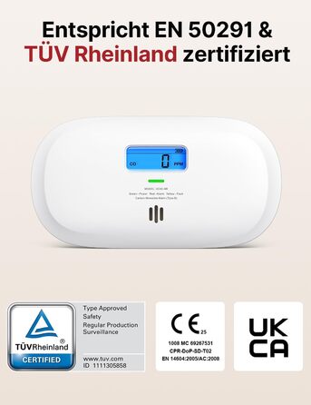 Детектор чадного газу X-Sense, сертифікований TÜV Rheinland, датчик на 10 років, з змінною батареєю та цифровим дисплеєм, кнопка тестування, автономний, білий