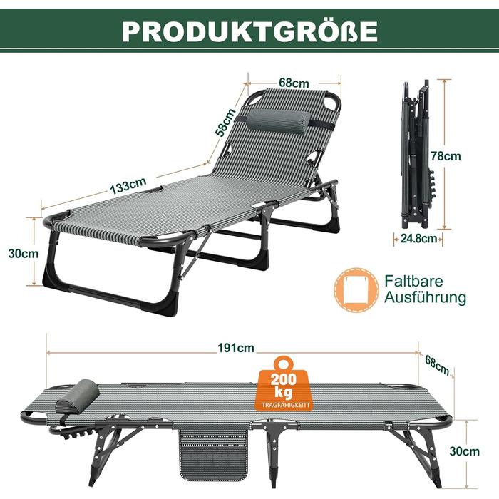 Складаний лежак для саду, 200 кг, з матрацом та підголівником, для балкону, саду, кемпінгу, блакитний