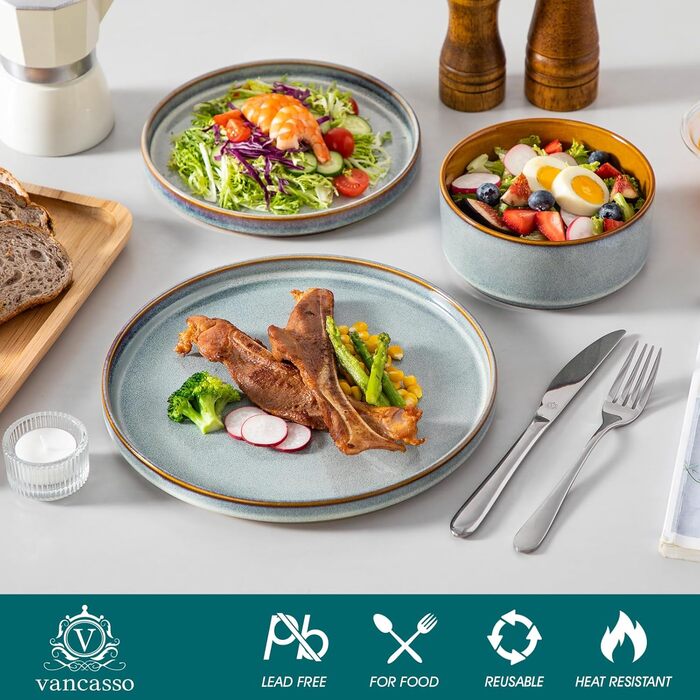 Набір посуду Vancasso Steingut 24 шт. для 8 осіб: тарілки, салатники, супові миски. Серія Galaxie, ONION (світло-блакитний)