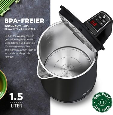 Електричний чайник BALTER з регулюванням температури, 1.5L, 2200W, білий/чорний, нержавіюча сталь, подвійні стінки, BPA free, бездротовий