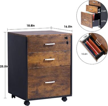 Шафа для документів SDHYL з 3 висувними ящиками на колесах, верхній ящик з замком, великий об'єм, для дому та офісу, ретро стиль