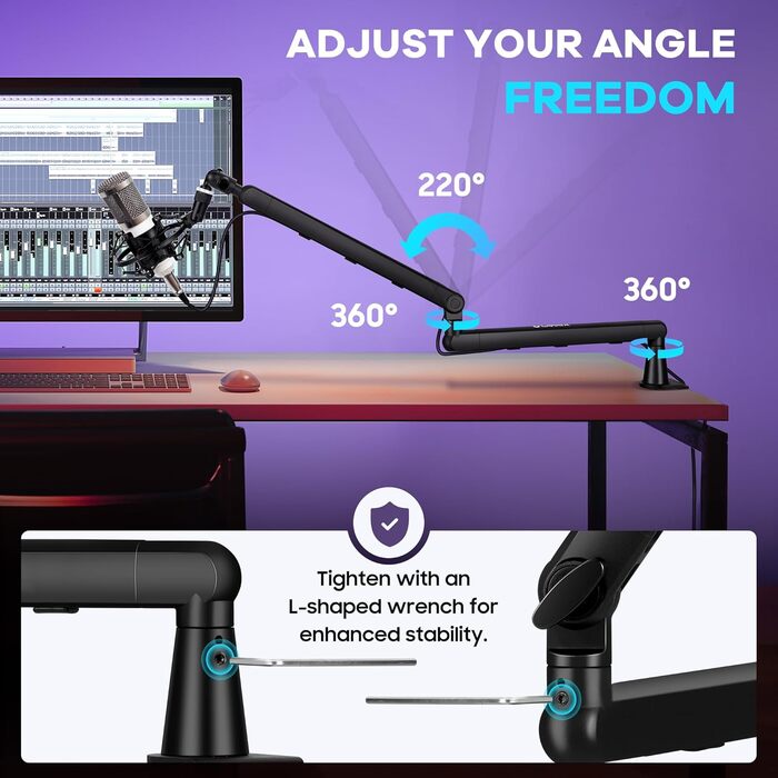 CAHAYA Мікрофонний стійкий кронштейн Boom Arm Professional: Регульований мікрофонний кронштейн з подовжувачем, низькопрофільний дизайн для стрімінгу та запису, вантажопідйомність до 2.5 кг