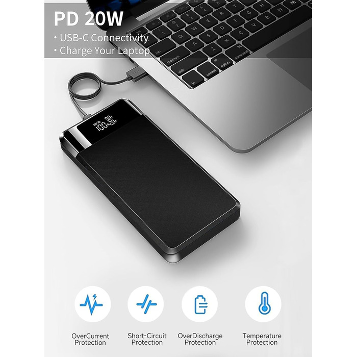 Дисплей, ліхтарик, QC 22.5W & PD20W, 3 входи/виходи, USB C, чорний, 52800mAh, LED