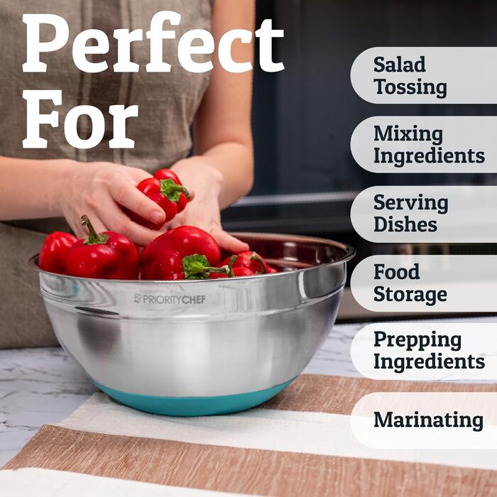 Набір місок для перемішування Priority Chef з кришками, 6 шт. з неслизьким дном, набір місок з нержавіючої сталі, 6 герметичних кришок та 3 тертки, блакитний колір (Getaway Solids)