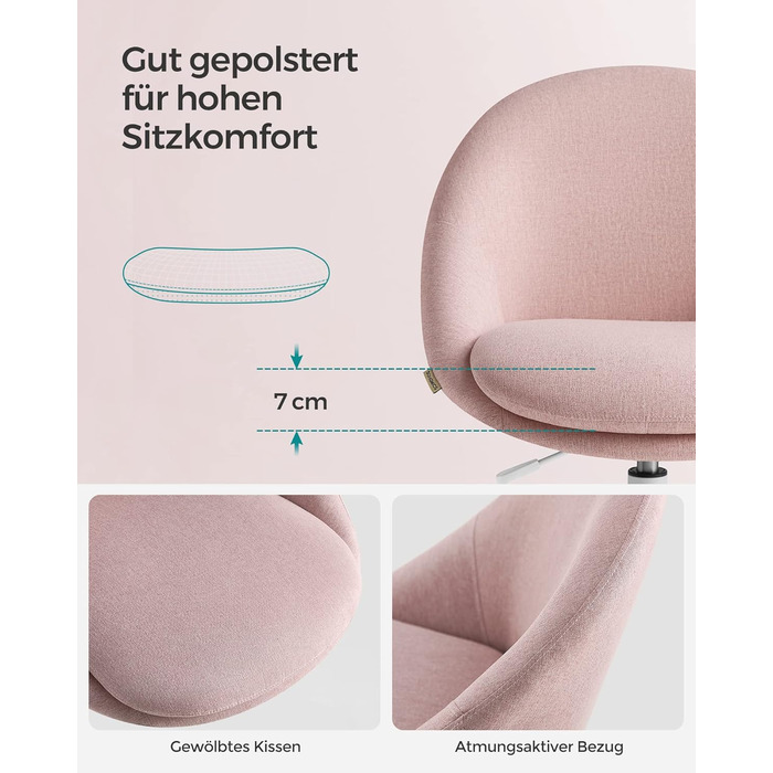 Крісло SONGMICS для офісу та дому, крісло для макіяжу, регульоване по висоті, з м'якою оббивкою, для робочого кабінету або спальні, кремово-біле (пастельно-рожеве, Sherpa-тканина)