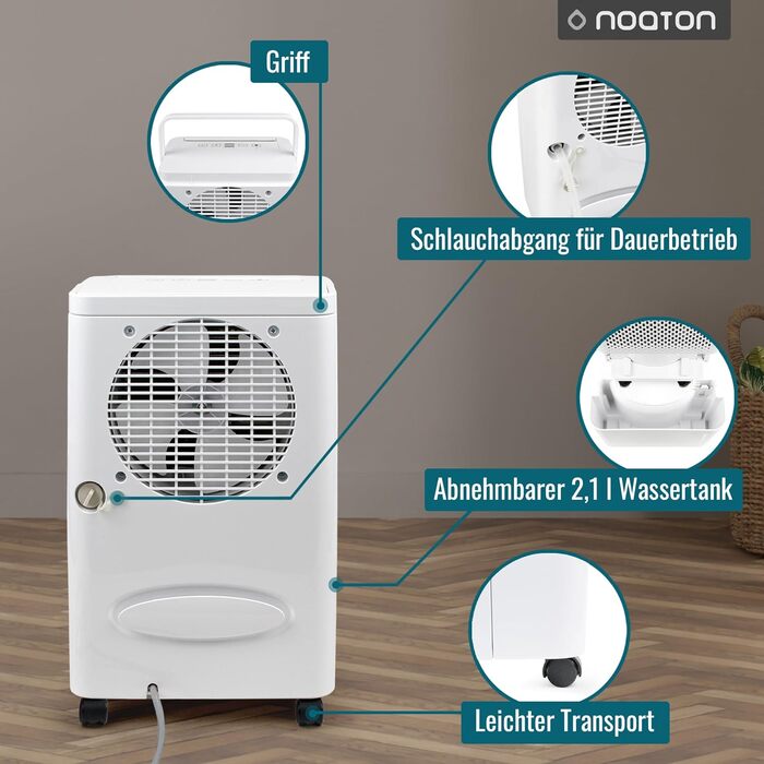 Осушувач повітря Noaton DF 4110, макс. 11,5 л/24 год, площа кімнати приблизно 65 м (25 м), 230 Вт, резервуар для води 2,1 л, зливний шланг, таймер, з датчиком вологості - від вологи, цвілі