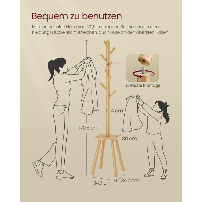 Стійка для одягу VASAGLE з 8 гачками та полицею, 170,5 см, для прихожих, спалень (Нейтрально-бежевий)