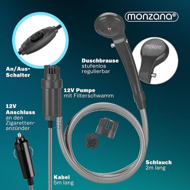 Monzana® Переносна кемпінгова душ з насосом 12V, KFZ-адаптер, сумка для зберігання, 2м шланг, 5м кабель, для авто, собак, саду, антрацит