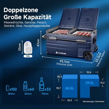 Компактний компресорний холодильник AAOBOSI Dual Zone 75L з Wi-Fi керуванням, USB-портом, 12/24/240V, -20°C до 20°C для авто, вантажівки, човна, кемпінгу