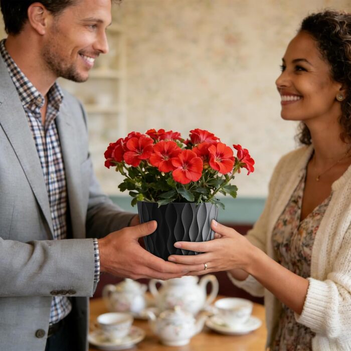 Набір горщиків для квітів 20 см, 5 шт. Чорні пластикові горщики з підставкою та дренажними отворами, 3D-текстура, для монстери, герані та кімнатних рослин, внутрішнє та зовнішнє використання