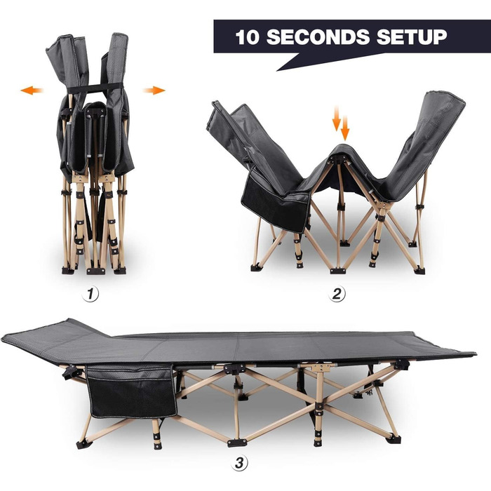 Розкладне кемпінгове ліжко REDCAMP XXL, посилене ліжко для відпочинку (ширина 71 см, навантаження до 226 кг), сіро-чорне