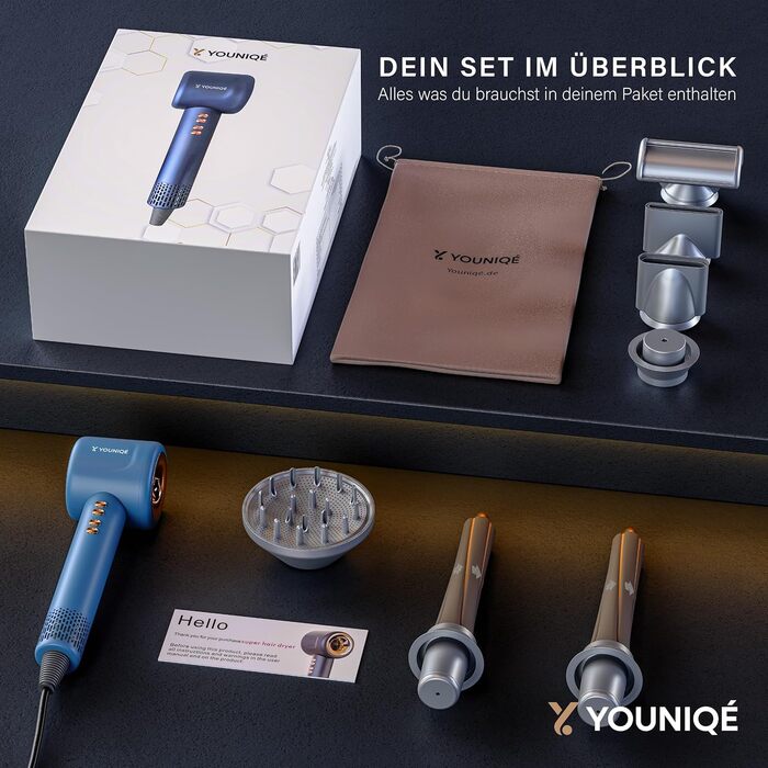 Мультифункціональний фен для волосся 5-в-1 з іонною технологією, набір насадок (локони, випрямлення, дифузор, концентратор), 1600W, LED-дисплей, 4 режими температури, магнітні насадки, Блакитний/Золотий