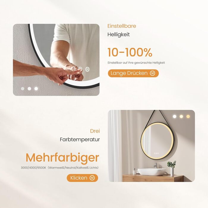 Круглий дзеркало для ванної кімнати EMKE з підсвічуванням 50 см, 3 кольори, регулювання яскравості, антизапар, пам'ять, сенсорне управління, таймер 3 години, енергозберігаючий